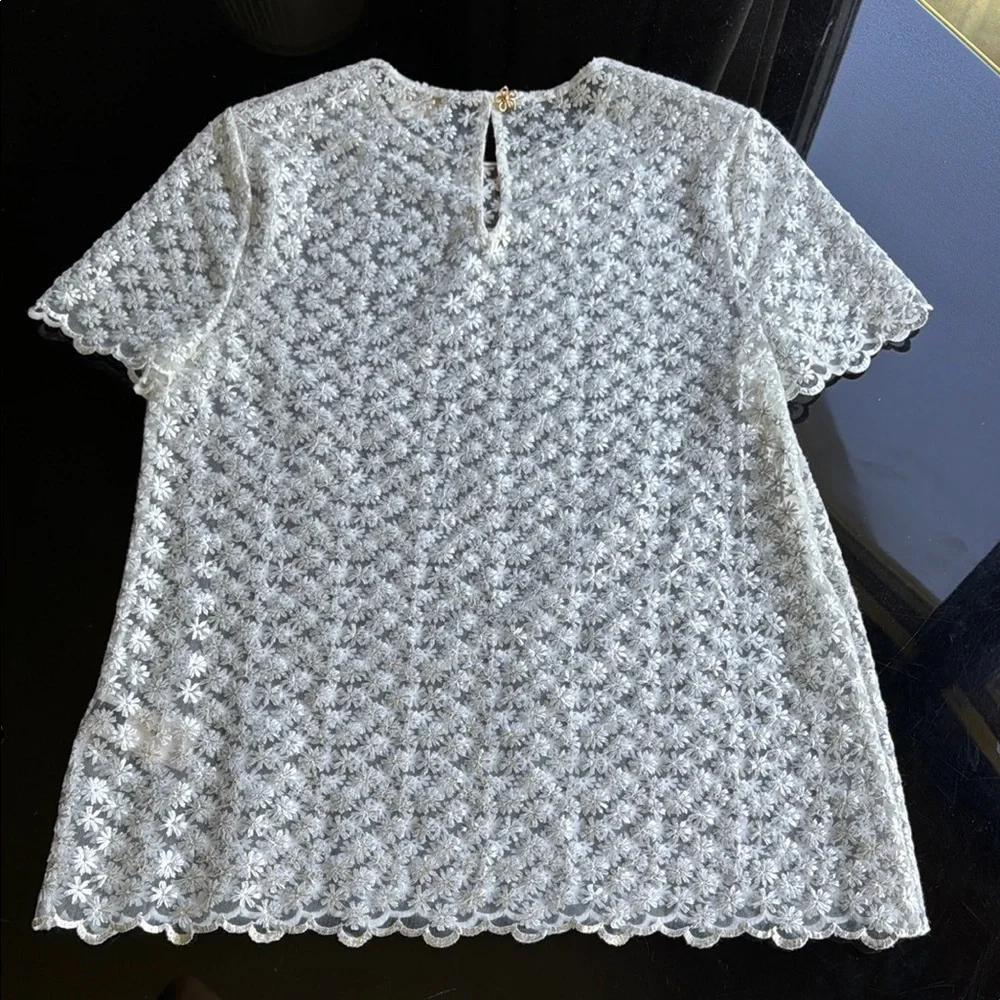 Kate Spade Delicate Shimmery Silver and White Embroidered Floral Lace Top